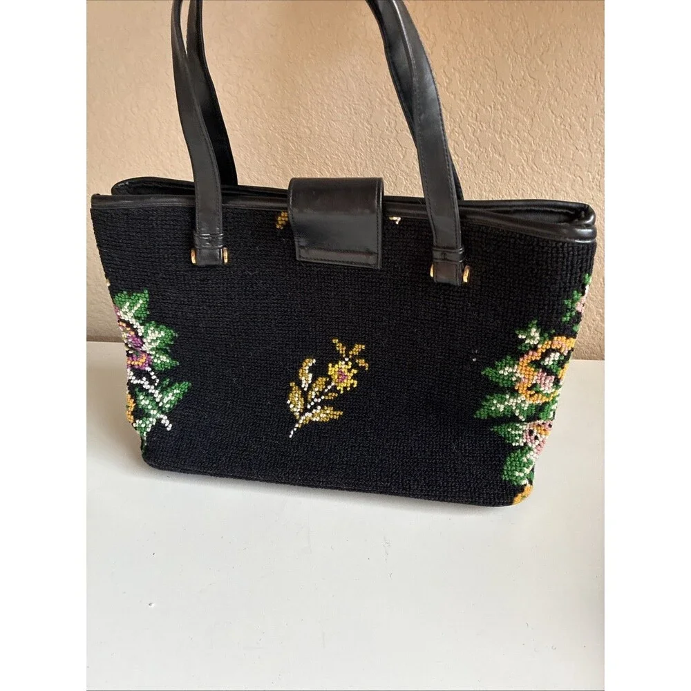 Vintage 1950s Needlepoint Carpetbag Handbag Tapestry Floral Shoulder Bag Purse